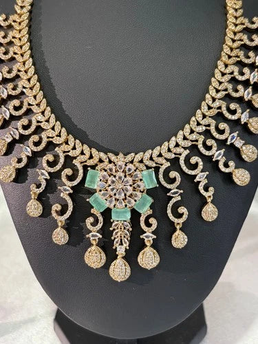 Gold Tone Mint Green CZ Necklace Earrings Set Indian Pakistani Bridal Jewelry