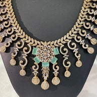 Gold Tone Mint Green CZ Necklace Earrings Set Indian Pakistani Bridal Jewelry