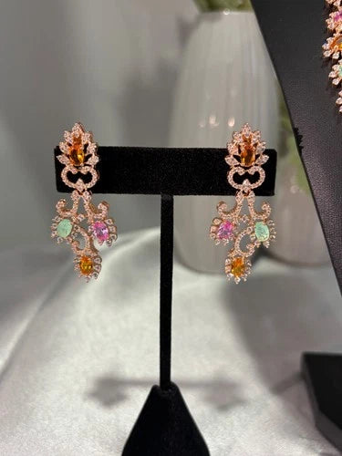 Rose Gold Multicolor CZ Necklace Earrings Set Indian Pakistani Bridal Jewelry