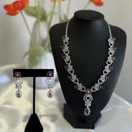 Pink Crystal CZ Necklace & Earrings Set Silver Tone Wedding Jewelry
