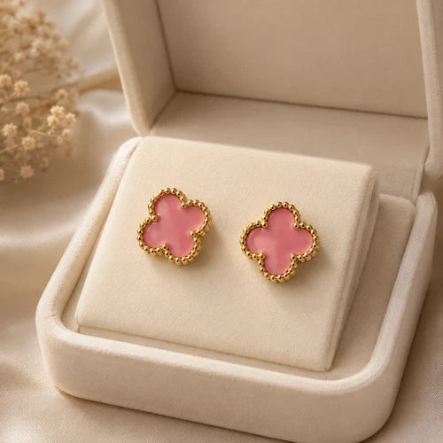 Pink Clover Stud Earrings Gold Tone Four Leaf Floral Fashion Jewelry
