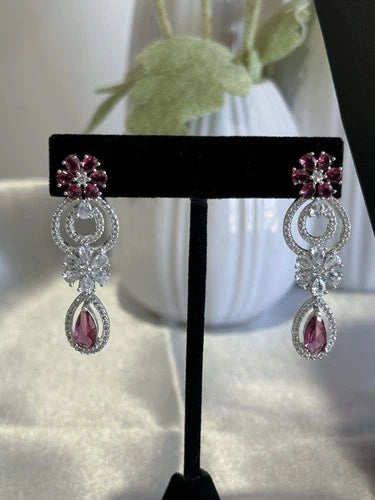 Pink Crystal CZ Necklace & Earrings Set Silver Tone Wedding Jewelry