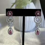 Pink Crystal CZ Necklace & Earrings Set Silver Tone Wedding Jewelry