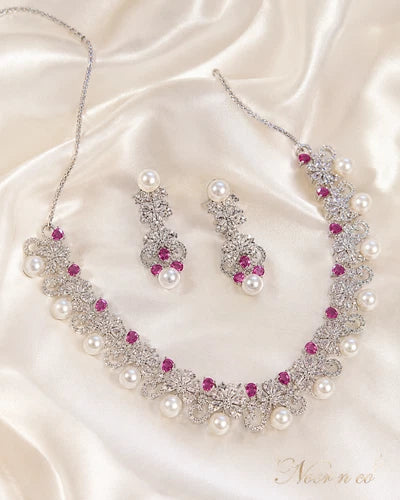 Pink Pearl CZ Silver Tone Necklace Earrings Set Indian Pakistani Bridal Jewelry