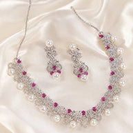 Pink Pearl CZ Silver Tone Necklace Earrings Set Indian Pakistani Bridal Jewelry
