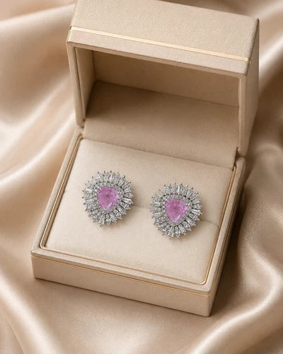 Pink & Green Stone Halo Stud Earrings Silver Tone CZ Statement Jewelry