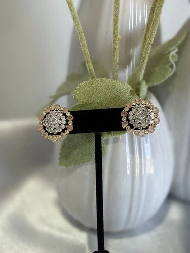 Baby Pink CZ Floral Stud Earrings Gold Tone Party Jewelry