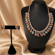 Rose Gold Multicolor CZ Necklace Earrings Set Indian Pakistani Bridal Jewelry