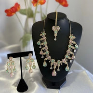 Pastel Pink Mint Gold Tone Necklace Earrings Tikka Pakistani Jewelry Set