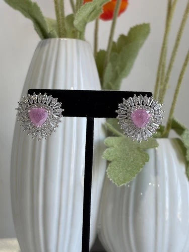 Pink & Green Stone Halo Stud Earrings Silver Tone CZ Statement Jewelry