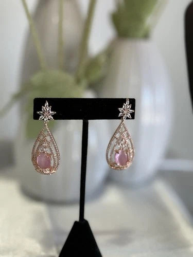 Baby Pink CZ Teardrop Earrings Rose Gold Tone Party Jewelry