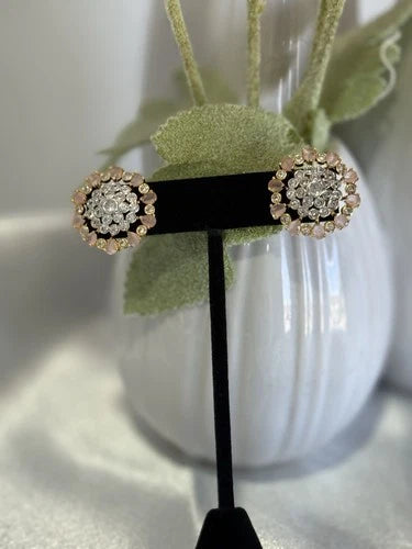 Baby Pink CZ Floral Stud Earrings Gold Tone Party Jewelry
