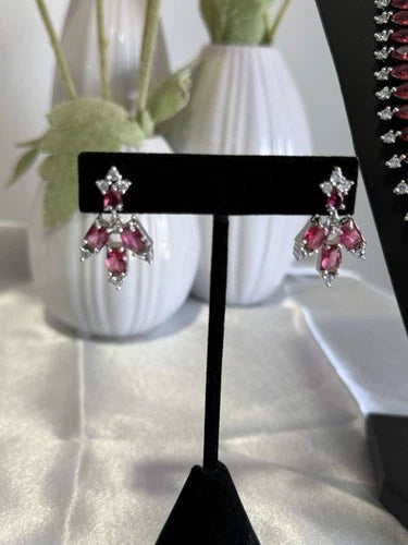 Ruby Pink CZ Necklace & Earrings Set Silver Tone Pakistani Jewelry