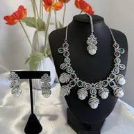 Multicolor CZ Pearl Necklace Earrings Tikka Set Silver Tone Jewelry