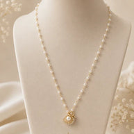 Gold Tone Seashell Pendant Necklace Pearl Look Beaded Chain Sparkling Jewelry
