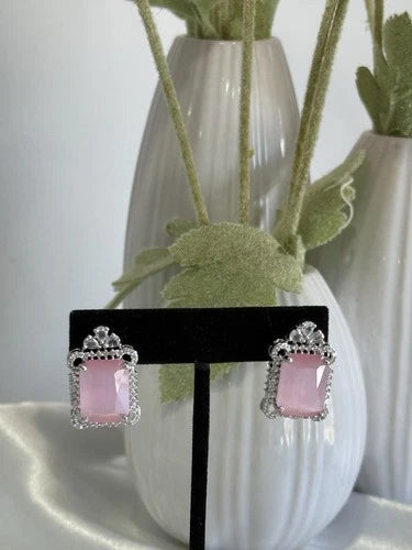 Baby Pink CZ Rectangle Stud Earrings Silver Tone Party Jewelry