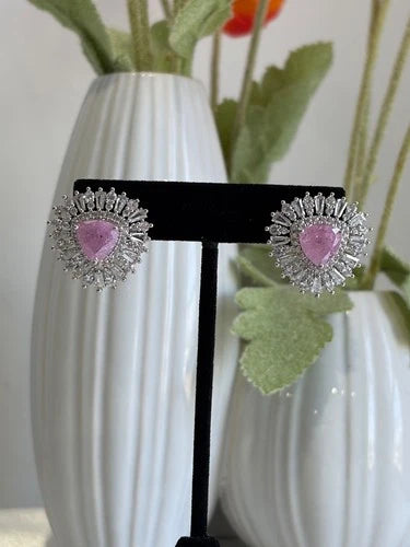Pink & Green Stone Halo Stud Earrings Silver Tone CZ Statement Jewelry