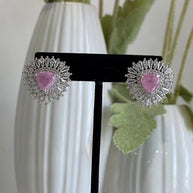 Pink & Green Stone Halo Stud Earrings Silver Tone CZ Statement Jewelry