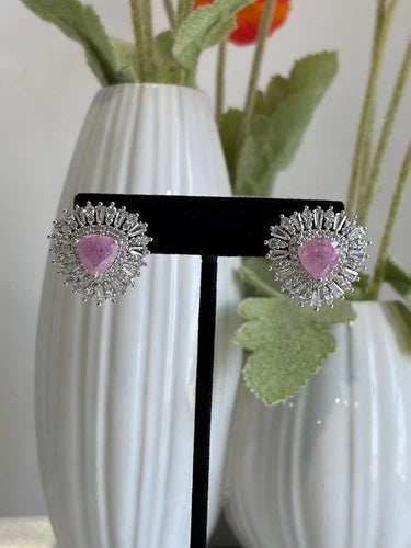 Pink & Green Stone Halo Stud Earrings Silver Tone CZ Statement Jewelry