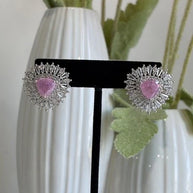 Pink & Green Stone Halo Stud Earrings Silver Tone CZ Statement Jewelry