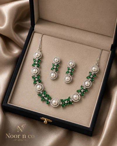 Emerald Green Pearl CZ Silver Tone Necklace Earrings Set