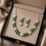 Emerald Green Pearl CZ Silver Tone Necklace Earrings Set