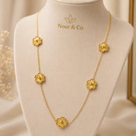 Gold Tone Floral Station Necklace Five Flower Long Chain Fashion Jewelry