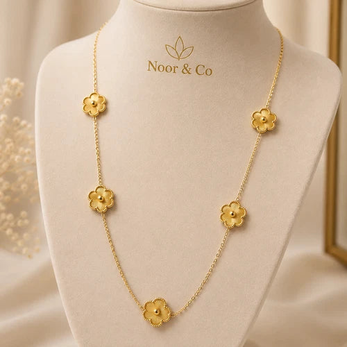Gold Tone Floral Station Necklace Five Flower Long Chain Fashion Jewelry