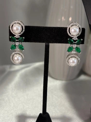 Emerald Green Pearl CZ Silver Tone Necklace Earrings Set