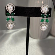 Emerald Green Pearl CZ Silver Tone Necklace Earrings Set