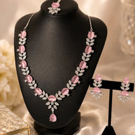 Blush Pink American Diamond Necklace, Earrings & Tikka Set