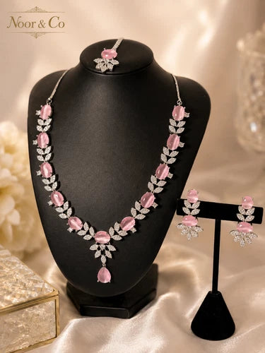 Blush Pink American Diamond Necklace, Earrings & Tikka Set