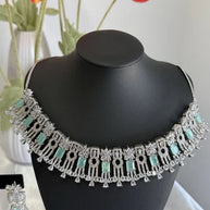 Mint Green CZ Choker Necklace Earrings Set Silver Tone Pakistani Jewelry