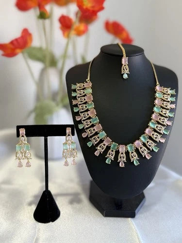 Pastel Pink Mint CZ Necklace Earrings Tikka Set Gold Tone Jewelry