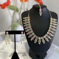 Pastel Pink Mint CZ Necklace Earrings Tikka Set Gold Tone Jewelry
