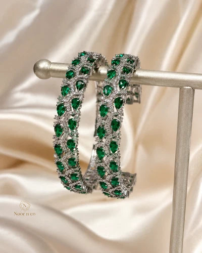 Emerald Green Silver Tone CZ Bangle Set Indian Pakistani Bridal Jewelry