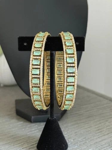 Mint Green CZ Gold Tone Bangle Bracelet Set of 2 Indian Pakistani Jewelry 2.10