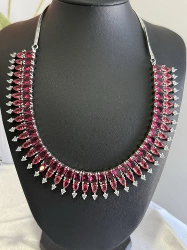 Ruby Pink CZ Necklace & Earrings Set Silver Tone Pakistani Jewelry
