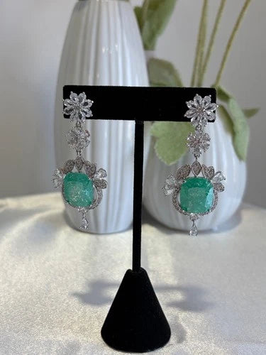 Mint Green CZ Silver Tone Drop Earrings Pakistani Indian Statement Jewelry