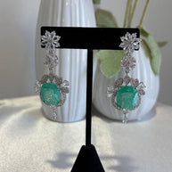 Mint Green CZ Silver Tone Drop Earrings Pakistani Indian Statement Jewelry