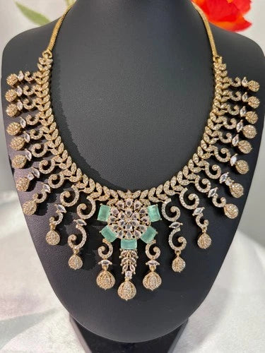 Gold Tone Mint Green CZ Necklace Earrings Set Indian Pakistani Bridal Jewelry