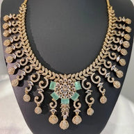 Gold Tone Mint Green CZ Necklace Earrings Set Indian Pakistani Bridal Jewelry