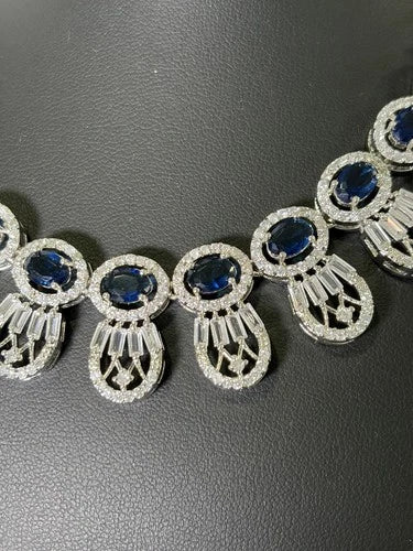 Navy Blue & Silver Tone CZ Necklace Earrings Set | Elegant Statement Jewelry