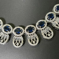 Navy Blue & Silver Tone CZ Necklace Earrings Set | Elegant Statement Jewelry