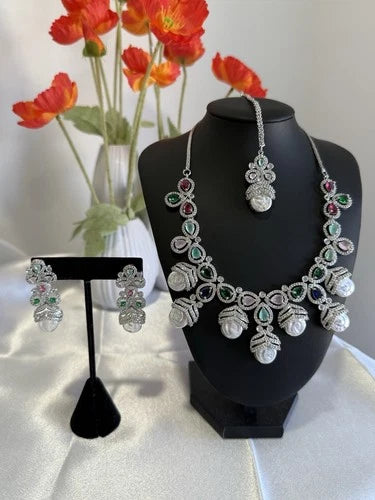 Multicolor CZ Pearl Necklace Earrings Tikka Set Silver Tone Jewelry