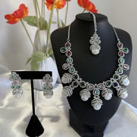 Multicolor CZ Pearl Necklace Earrings Tikka Set Silver Tone Jewelry