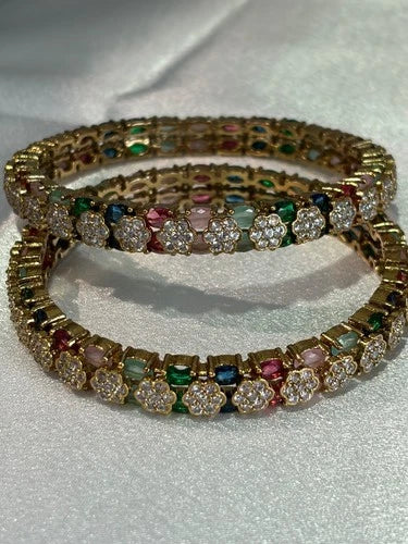 Multicolor CZ Flower Gold Tone Bangle Set Size 2.10 Indian Pakistani Jewelry
