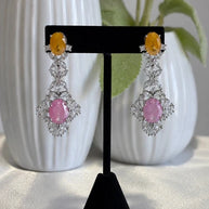 Yellow Pink CZ Silver Tone Drop Earrings Pakistani Indian Statement Jewelry