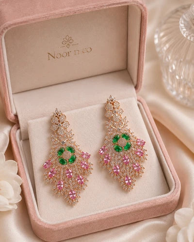 Green Pink CZ Gold Tone Chandelier Earrings Pakistani Indian Bridal Jewelry